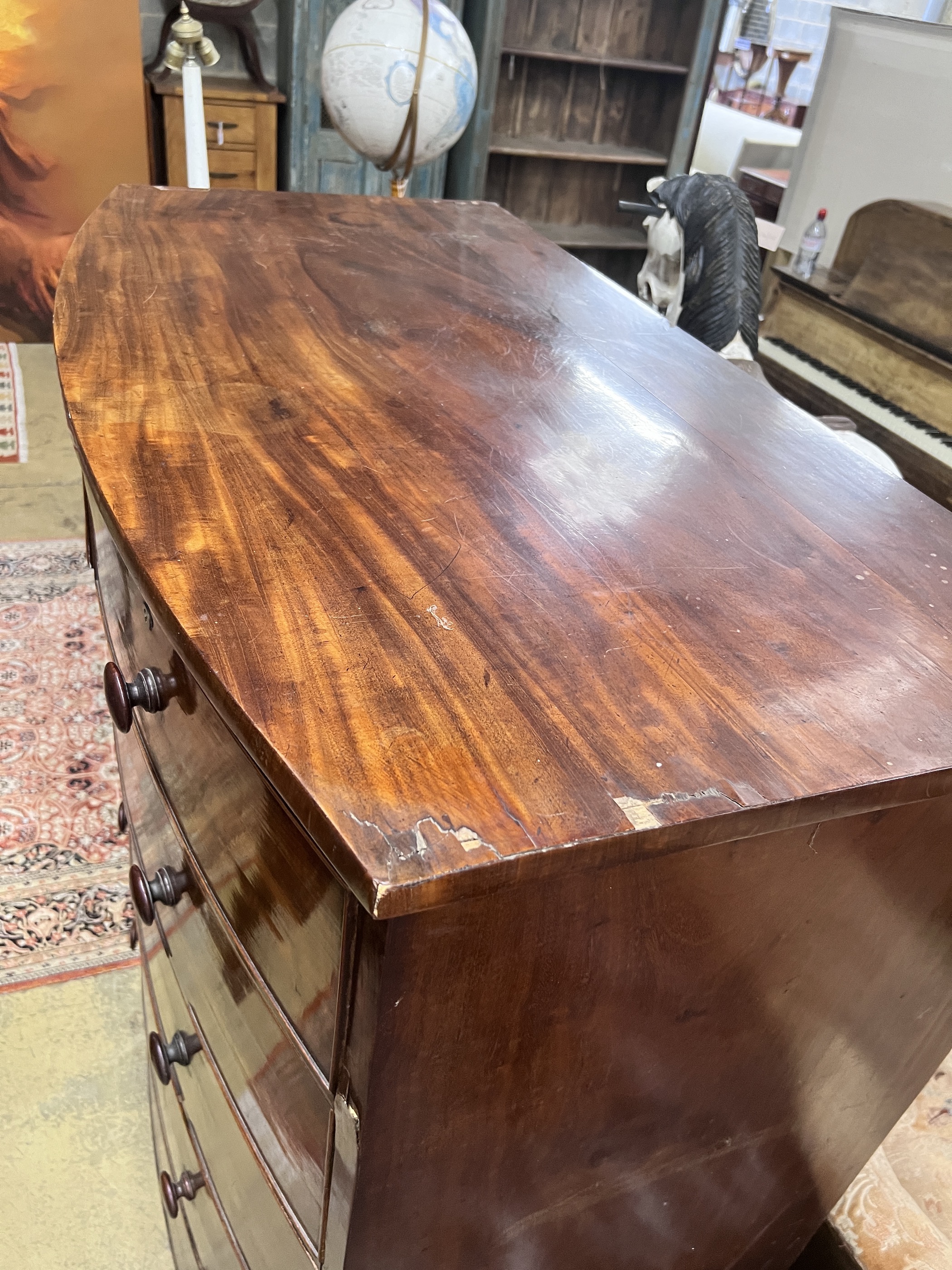 An early Victorian mahogany six drawer bowfront chest, width 121cm, depth 64cm, height 149cm